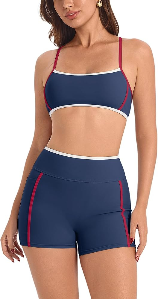 ABOCIW Workout Sets for Women 2 Piece Color Block Strappy Sports Bra High Waist Shorts Gym Yoga P... | Amazon (US)