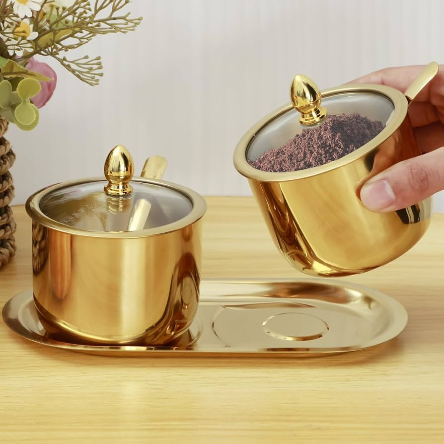 Stainless Steel Sugar Bowl Set, Cream Jug and Sugar Bowl with Glass Lid Spoon and Tray Seasoning ... | Amazon (US)