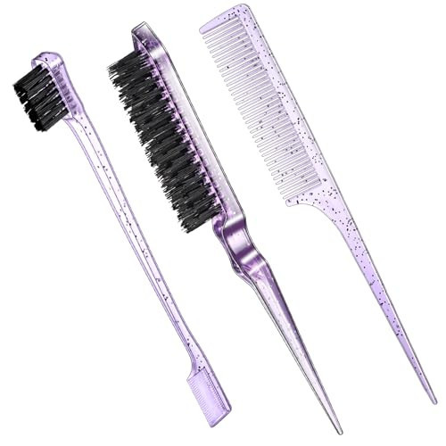 Geiserailie 3 Pcs Slick Back Hair Brush Set Bristle Brush Edge Control Teasing Comb for Women Black Hair(Clear Purple) | Amazon (US)