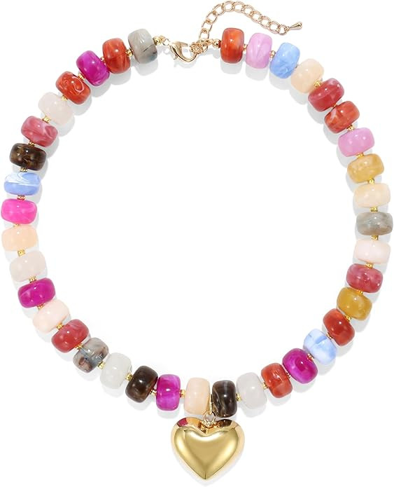Colourful Chunky Beaded Necklace for Women, Colorful Acrylic Bead Statement Puff Heart Pendant Ne... | Amazon (US)