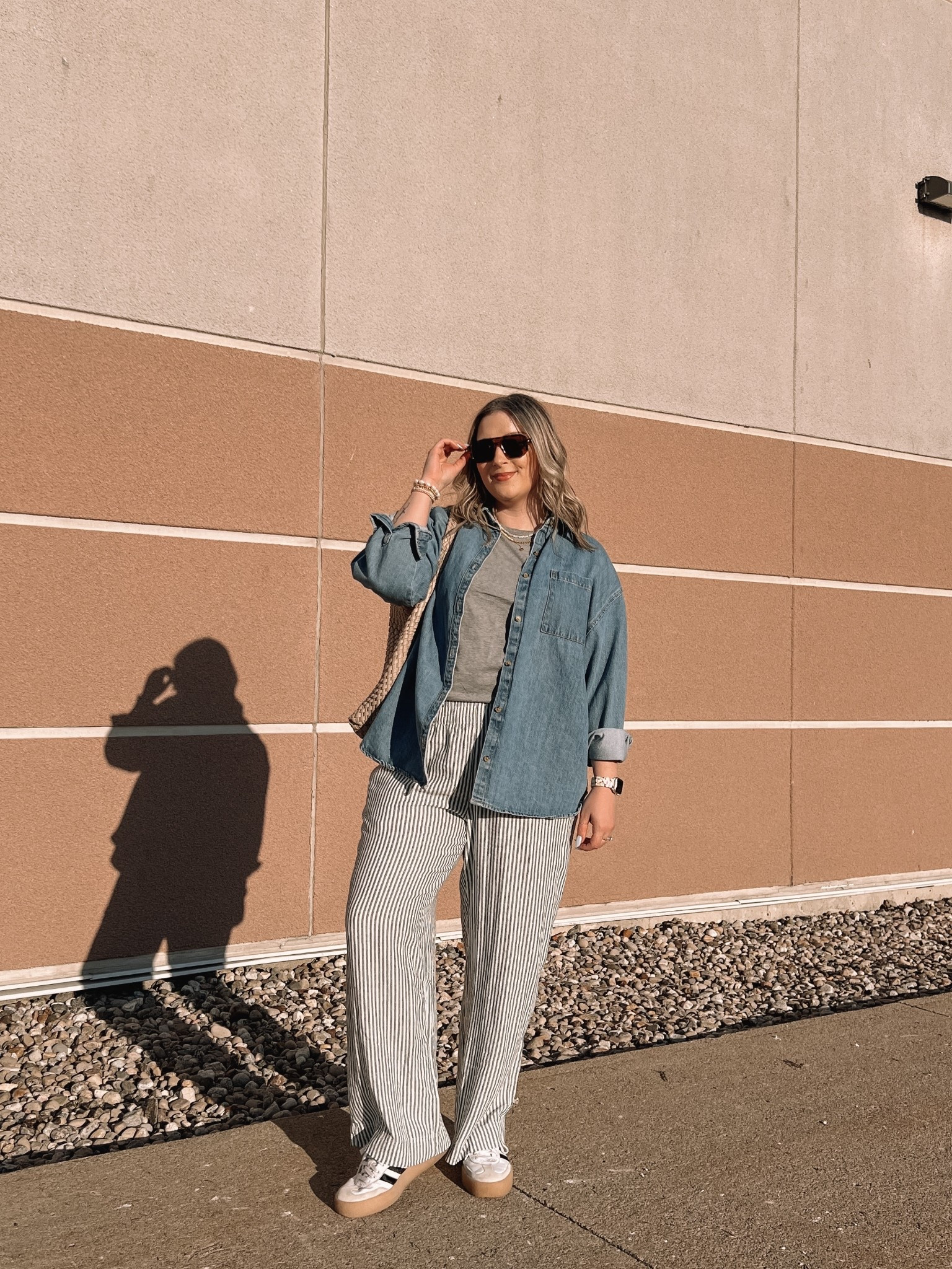 Spring outfit from last year! Wearing my usual size L in the denim shirt (one of my all time fave pieces). Linked this year’s version of my striped linen pants, wearing L. Linked similar grey tee. Adidas sambae sneakers run a little big, I’m a 9.5-10 and wear a 9. Canadian Old Navy links are under “similar products”


#LTKsale #LTKmidsize #LTKstyletip