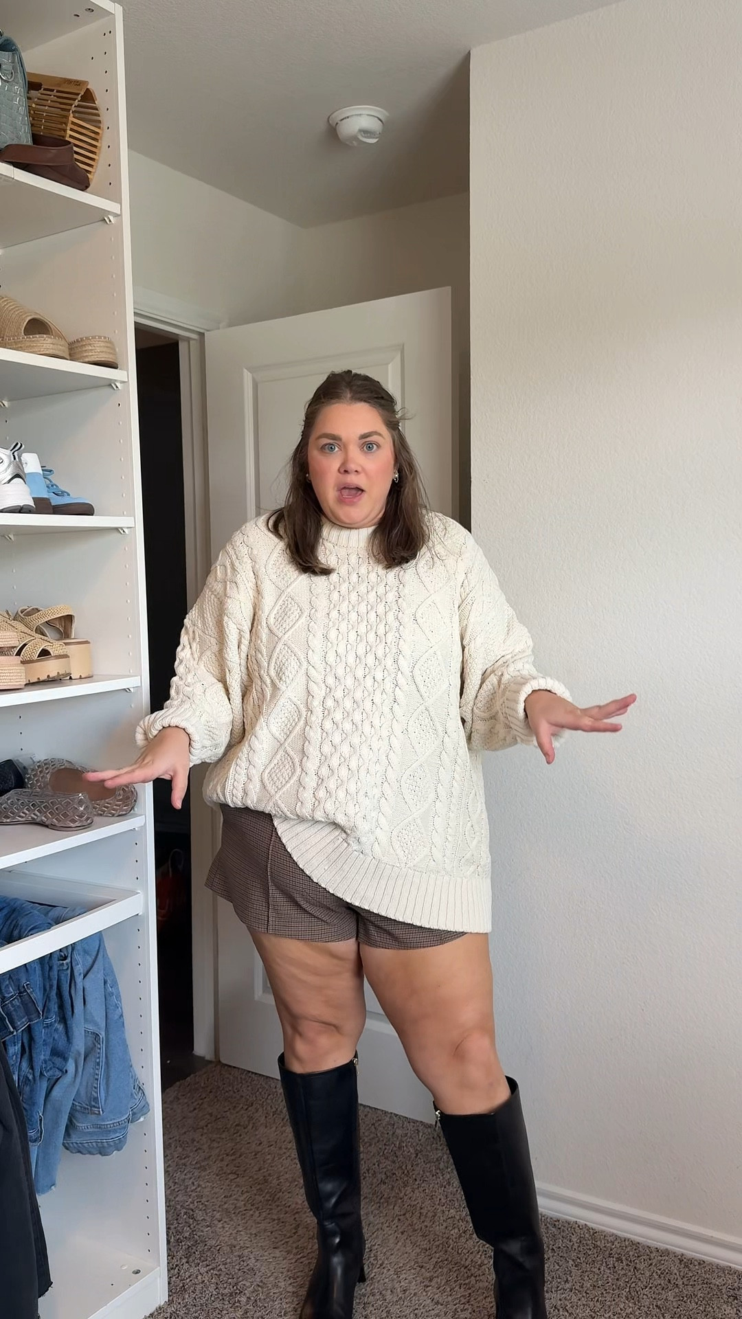 Abercrombie Kathleen post collection try on wearing xxl in sweater and 35 in micro shorts  

#LTKPlusSize #LTKFindsUnder100