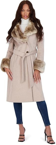 VIA SPIGA Women's Long Wool Wrap Coat with Faux Fur Trim | Amazon (US)