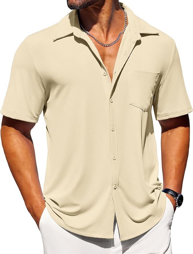 COOFANDY Mens Short Sleeve Casual Button Down Shirts Summer Beach Shirts Knitted Textured Shirt w... | Amazon (US)