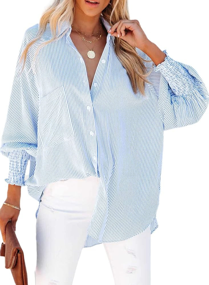 Women's Smocked Cuffed Striped Boyfriend Shirt with Pocket Casual Collar Long Sleeve Blouse Tops ... | Amazon (US)