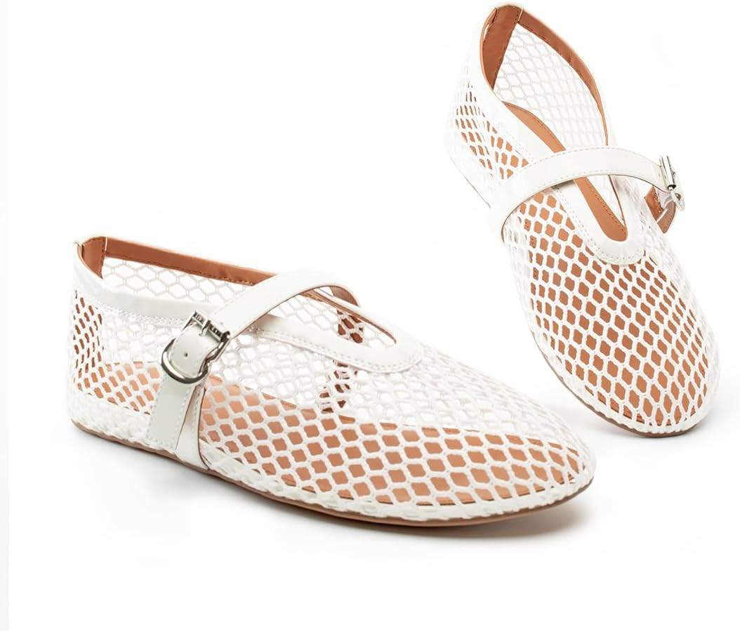Women Mesh Flats Buckle Strap Round Toe Comfy Causal Ballet Flats Fashion Mary Jane Fishnet Balle... | Amazon (US)