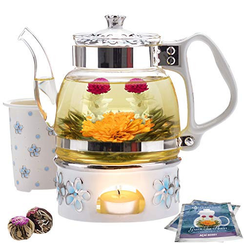 Teabloom Princess of Monaco Teapot & Blooming Tea Gift Set (6 Pieces) - Borosilicate Glass Teapot (34 oz / 1000 ml / 3-4 Cups), Porcelain Lid, Tea Warmer + Candle, Loose Tea Infuser, 2 Flowering Teas | Amazon (US)