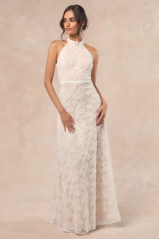 Violeta White and Beige Sequin Floral Maxi Dress | Lulus