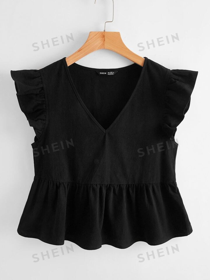 SHEIN WYWH WYWH  Women Vacation Peplum Butterfly Sleeve Ruffle Hem Black Top | SHEIN
