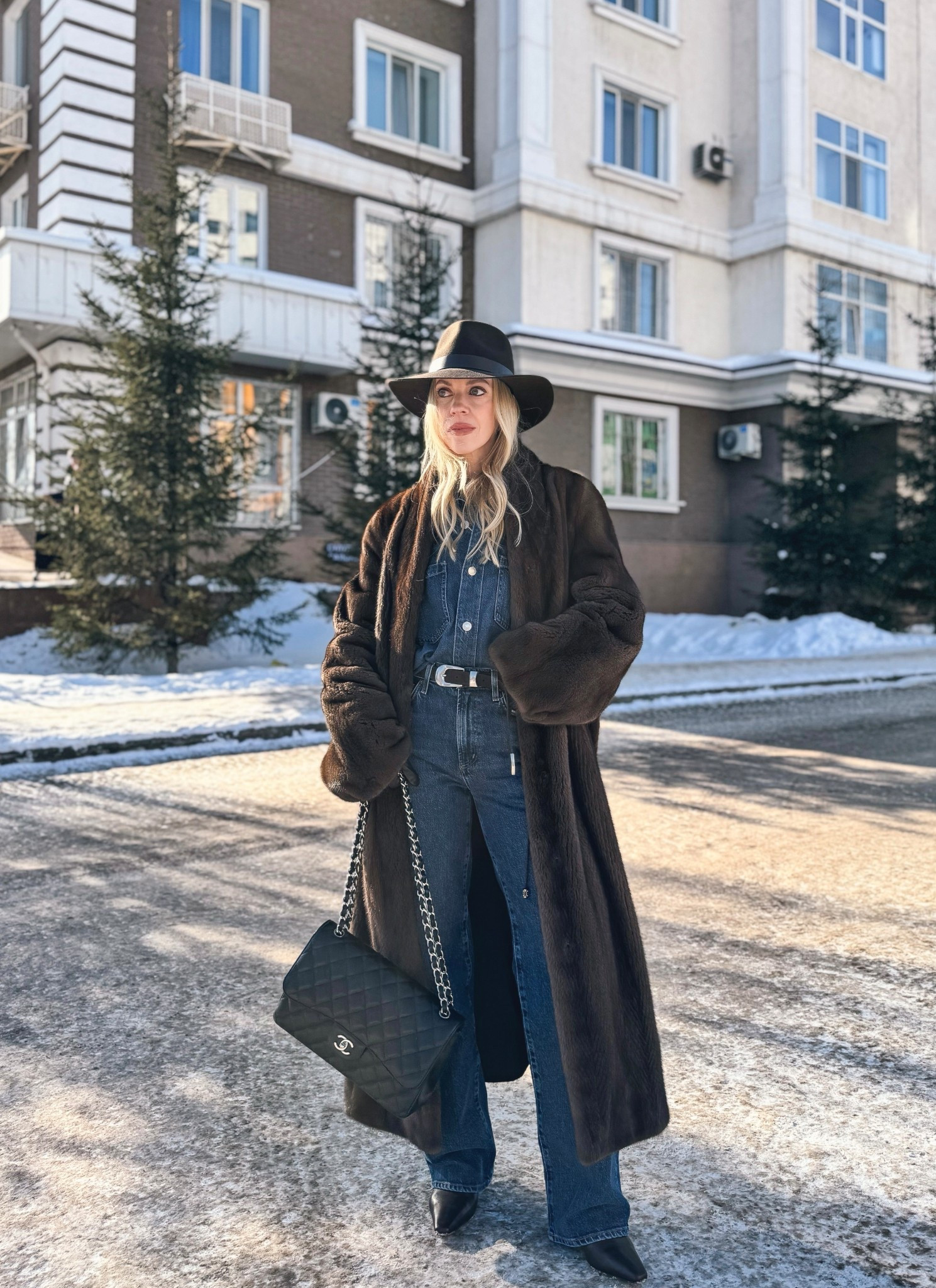 Chocolate brown fur coat, all denim outfit, denim on denim, western style winter outfit, @Janessa Leone dark brown wool hat

#LTKOver40 #LTKSeasonal #LTKSaleAlert