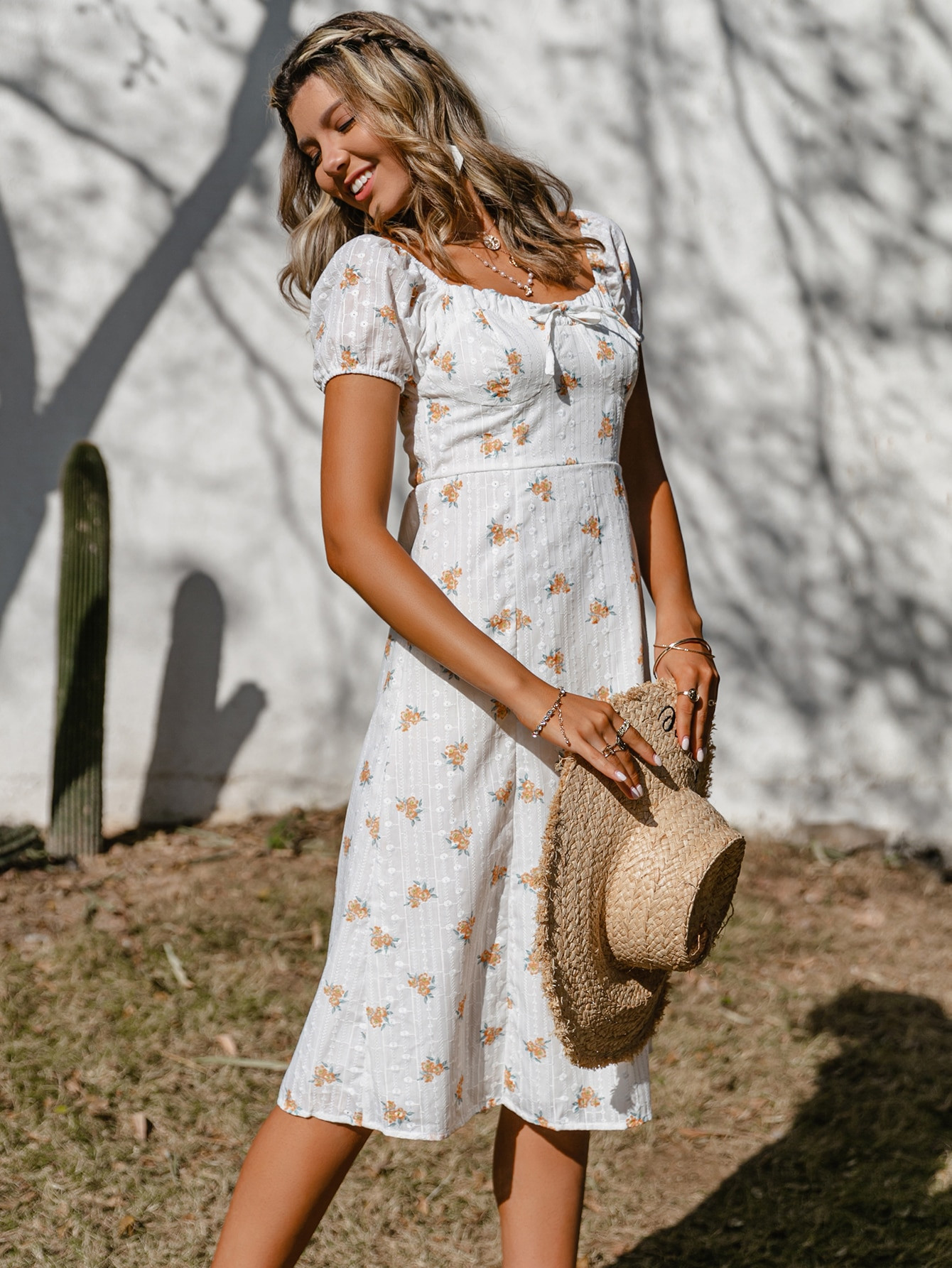 Simplee Tie Front Split Thigh Floral Dress | SHEIN