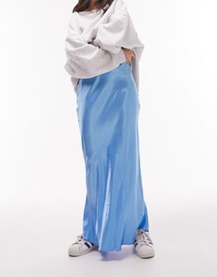 Topshop - Jupe mi-longue satinée coupée en biais - Bleu | ASOS (Global)