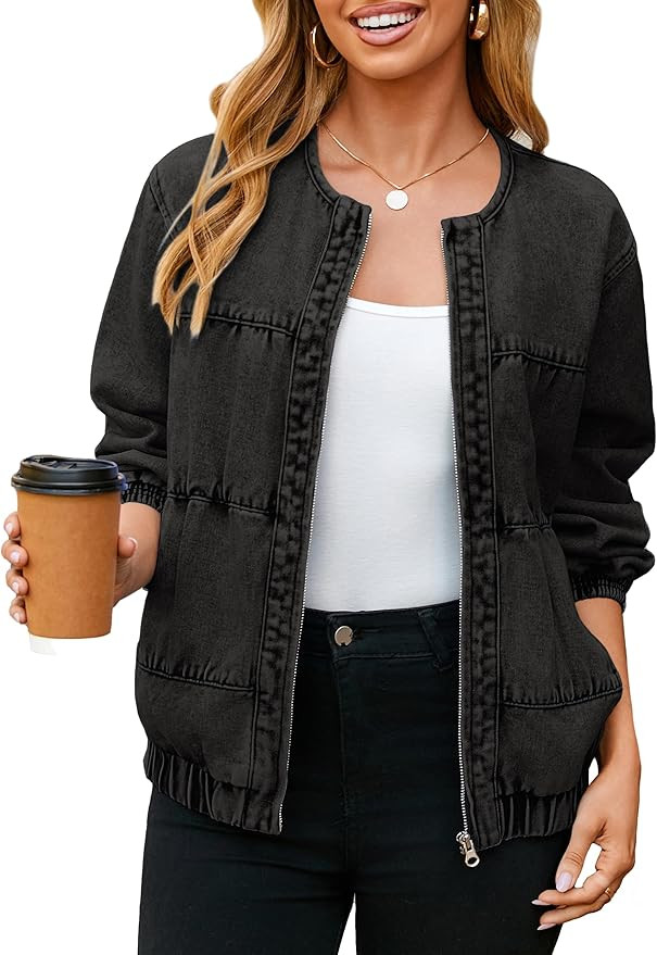Glamaker Womens Denim Bomber Jacket Trendy Casual Zip Up Crew Neck Long Sleeve Loose Fit Jean Jac... | Amazon (US)
