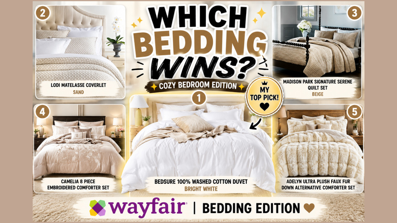 Wayfair Bedding That Looks Like a Luxury Hotel 🤍 Bedroom Refresh Ideas

Nothing transforms a bedroom faster than beautiful bedding!
Today I'm sharing five gorgeous Wayfair bedding collections featuring washed cotton, matelassé textures, quilted details, embroidery, faux fur comfort, and soft neutral tones that create a cozy luxury bedroom.
Whether you're updating your primary bedroom, guest room, or creating a designer-inspired retreat, these bedding finds can instantly elevate your space.
✨ Featured Bedding:
• Bedsure 100% Washed Cotton Duvet Cover Set - Bright White
• Lodi Matelasse Coverlet - Sand
• Madison Park Signature Serene Hand Quilted Cotton Quilt Set - Beige
• Camelia 8-Piece Embroidered Comforter Set
• Adelyn Ultra Plush Faux Fur Down Alternative Comforter Set
These pieces bring luxury hotel vibes without the luxury hotel price tag.
Shop all of my favorite Wayfair finds through my Wayfair Storefront, LTK, and ShopMy linked below.


🛍️Wayfair Storefront:
https://creatorsold.io/wayfair/joycemichelleofficial/wayfair-bedding-that-looks-like-a-luxury-hotel-bed



🛍️ShopMy:
https://shopmy.us/shop/collections/5663915



🛍️LTK:


#Wayfair
#WayfairFinds
#BedroomDecor
#Bedding
#LuxuryBedroom
#BedroomRefresh
#HomeDecor
#NeutralHomeDecor
#CozyBedroom
#BeddingInspo
#AffordableLuxury
#BedroomGoals
#WayfairCreator
#LTKCreator
#Over50AndChic

wayfair bedding, duvet cover set, comforter set, quilt set, luxury bedding, neutral bedding, white bedding, beige bedding, cozy bedroom decor, bedroom refresh, bedding ideas, luxury hotel bedroom, cotton duvet cover, embroidered comforter set, faux fur comforter, bedroom styling ideas, affordable luxury decor, home decor inspiration, wayfair bedroom finds, bedding collection


 

 #LTKdayinmylife #LTKOver40 #LTKHome