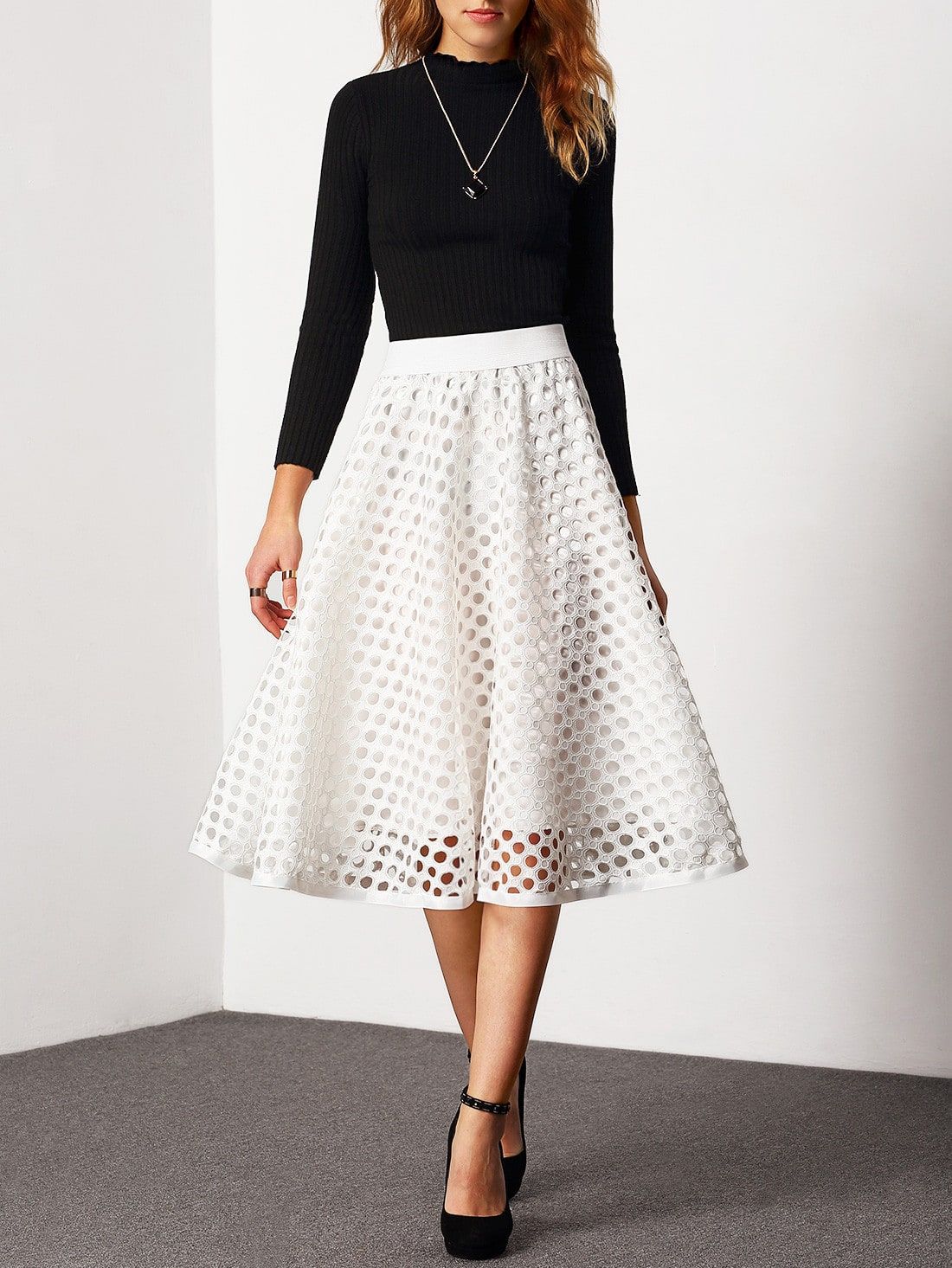 White High Waist Eyelet Skirt | ROMWE