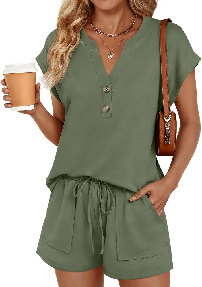 LILLUSORY 2 Piece Summer Set 2026 Henley Top & Drawstring Shorts with Pockets | Amazon (US)