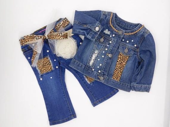 Girls leopard jean jacket matching jean with leopard for baby and toddler denim baby girl jeans a... | Etsy (US)
