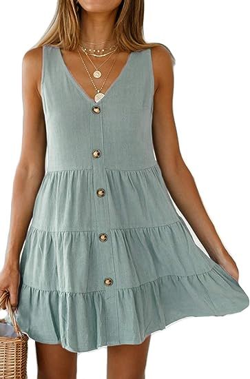 Halife Women's Button Front Dress Summer Sleeveless V-Neck Pleated Swing Dresses | Amazon (US)
