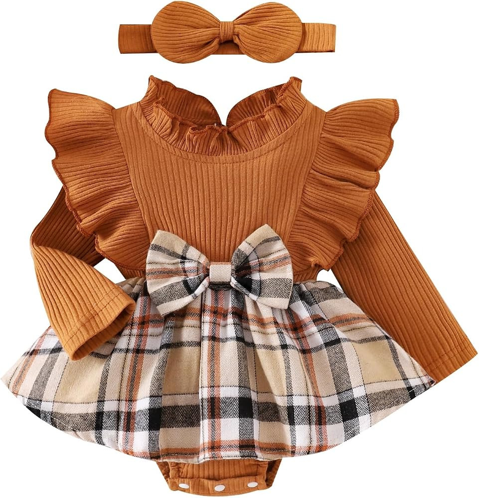 Baby Girl Clothes Cute Plaid Romper Dress Ruffle Long Sleeve One-piece Jumpsuit Bodysuit with Bow... | Amazon (US)