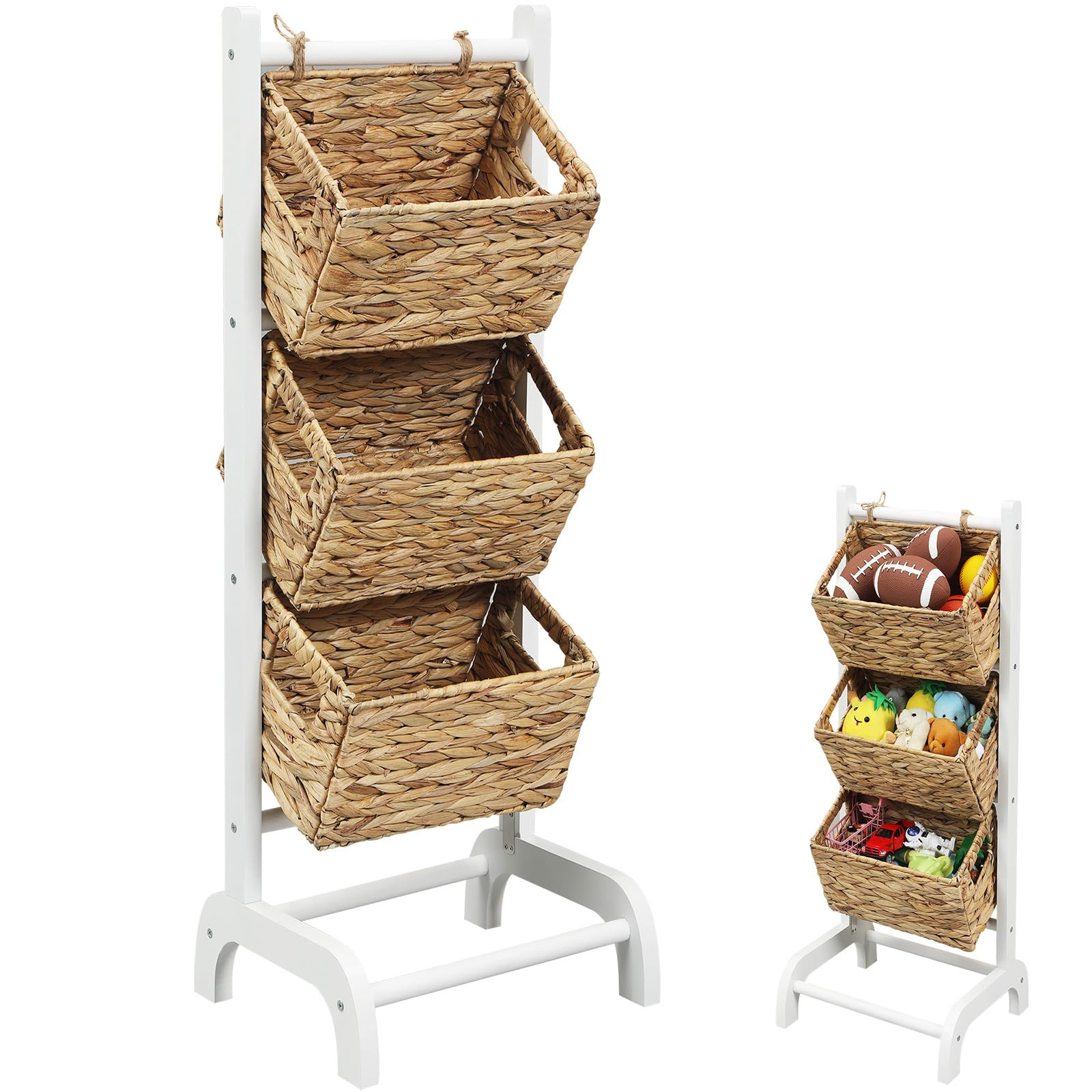 Menkxi Wicker 3 Tier Foldable Storage Basket Floor Rack with Market Storage Basket Water Hyacinth Storage Rack Hand Woven Laundry Rack for Bathroom Kitchen Laundry Room Living Room Storage(White) | Amazon (US)
