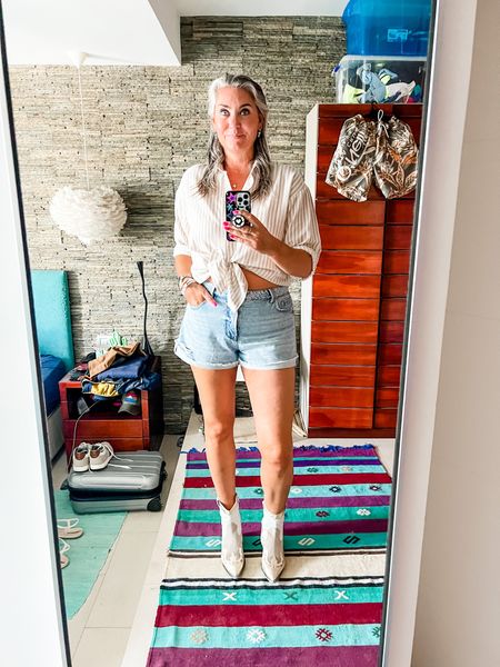 Outfits of the week. A beige striped linen shirt (matching shorts are available) paired with distressed denim mom shorts and DWRS western boots. 



#LTKtravel #LTKstyletip #LTKcurves