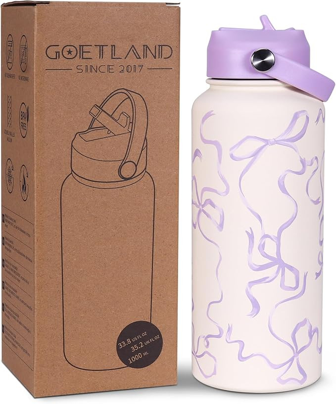Goetland Ribbon Water Bottle with Straw Lid 32 oz Stainless Steel Wide Mouth Vacuum Double Insula... | Amazon (US)