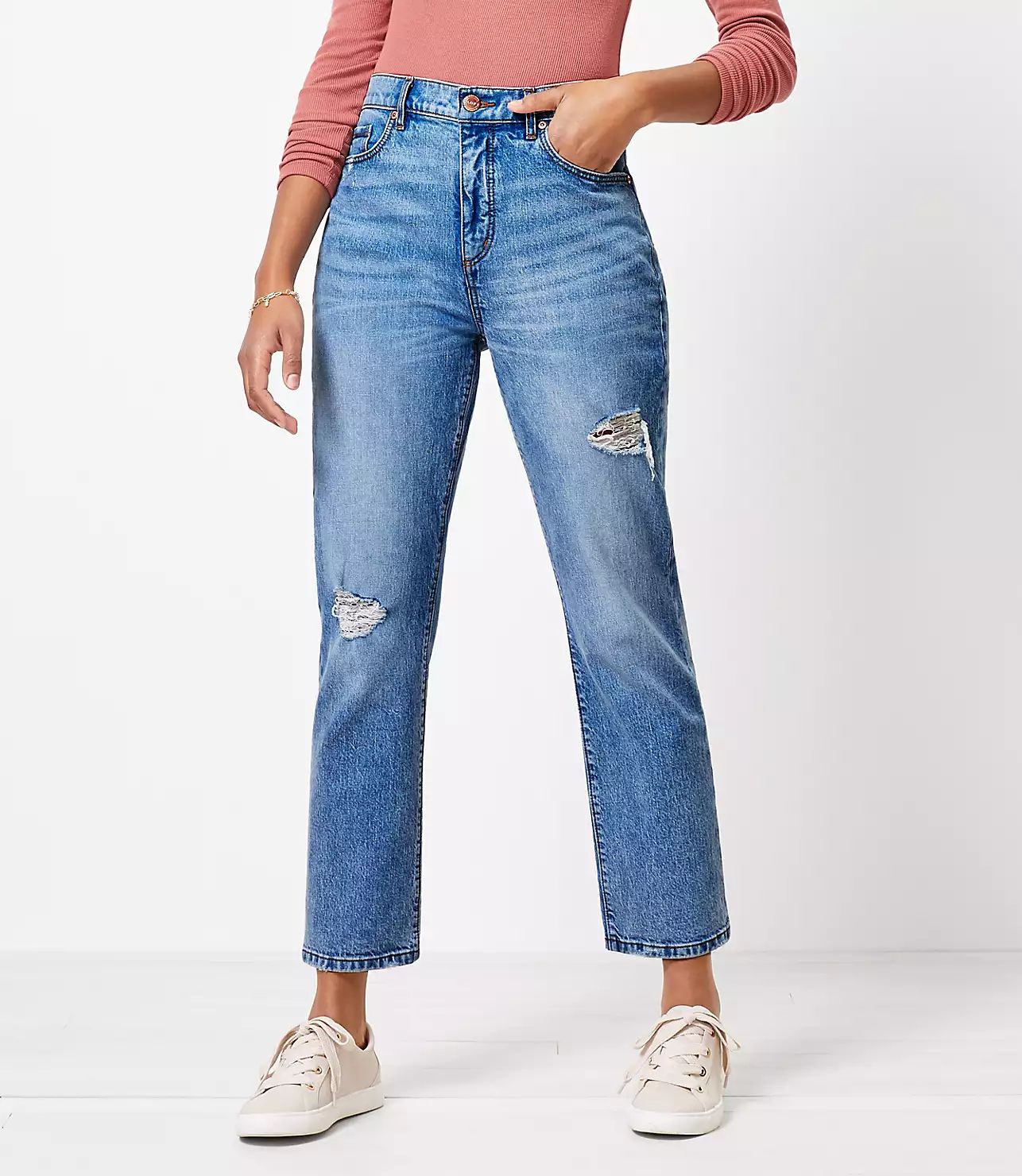 Petite Destructed High Rise Straight Crop Jeans in Authentic Light Indigo Wash | LOFT