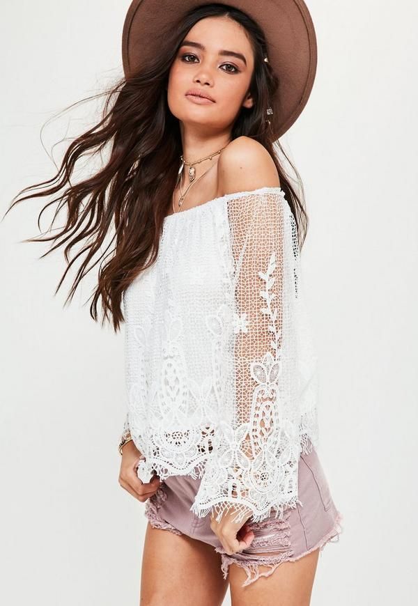 Petite Exclusive White Lace Bardot Top | Missguided (UK & IE)