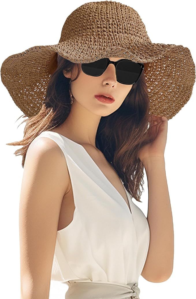 Women Straw Sun Hat Packable Wide Brim Summer Floppy Beach Hat Crochet Bucket Hat with Oversized ... | Amazon (US)