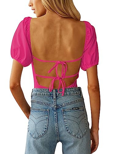 oten Women's Sexy Backless Puff Sleeve Square Neck Double Lined Slimming Going Out Bodysuit Top Jumpsuit Hot Pink X-Large | Amazon (US)