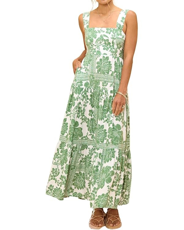 Women's Loose Floral Bohemian Spaghetti Strap Tiered Ruffle Flowy Boho Long Maxi Tent Dress with ... | Amazon (US)