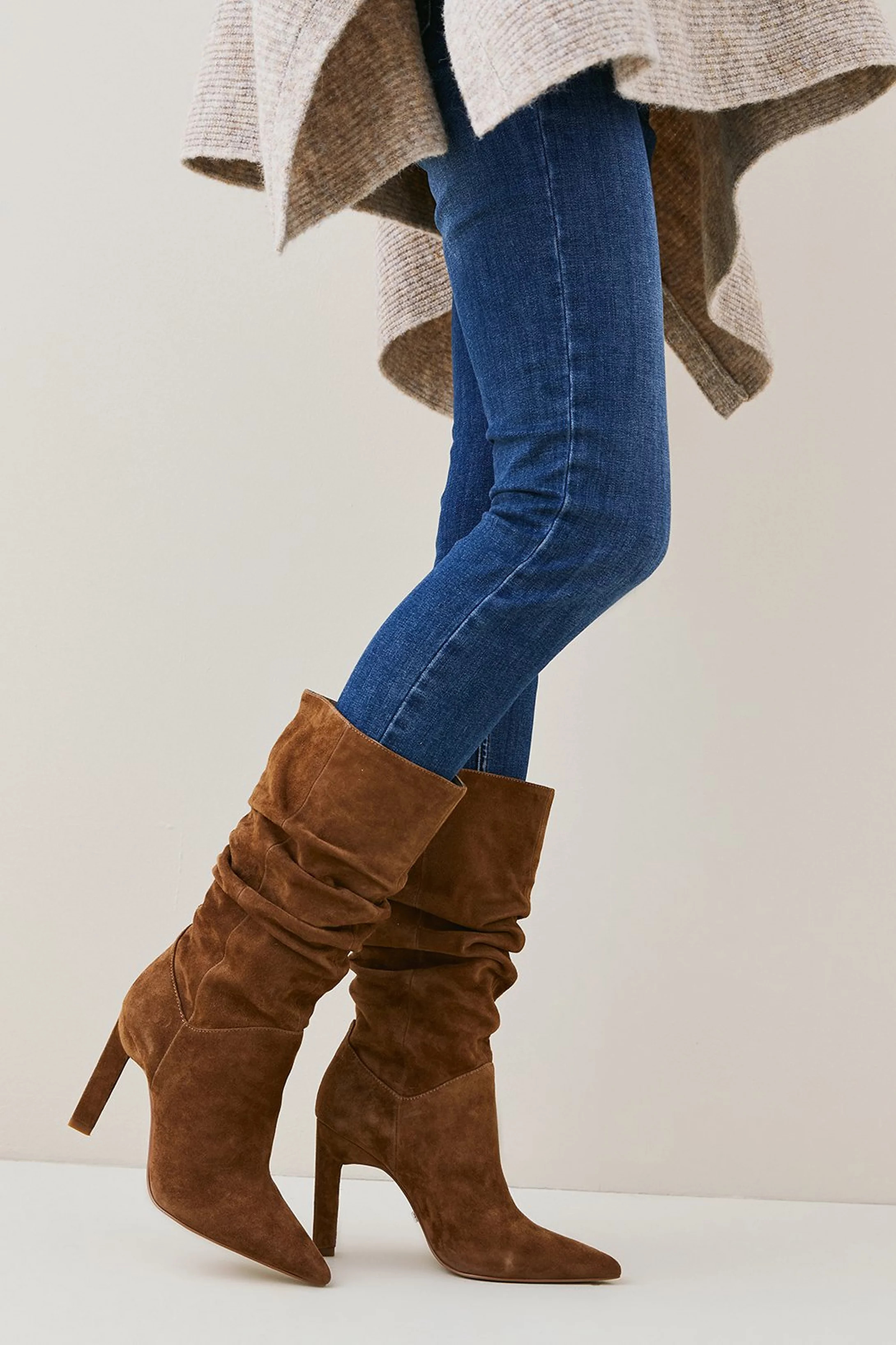Suede Mid Calf Slouch Heeled Boot | Karen Millen | Karen Millen UK + IE + DE + NL