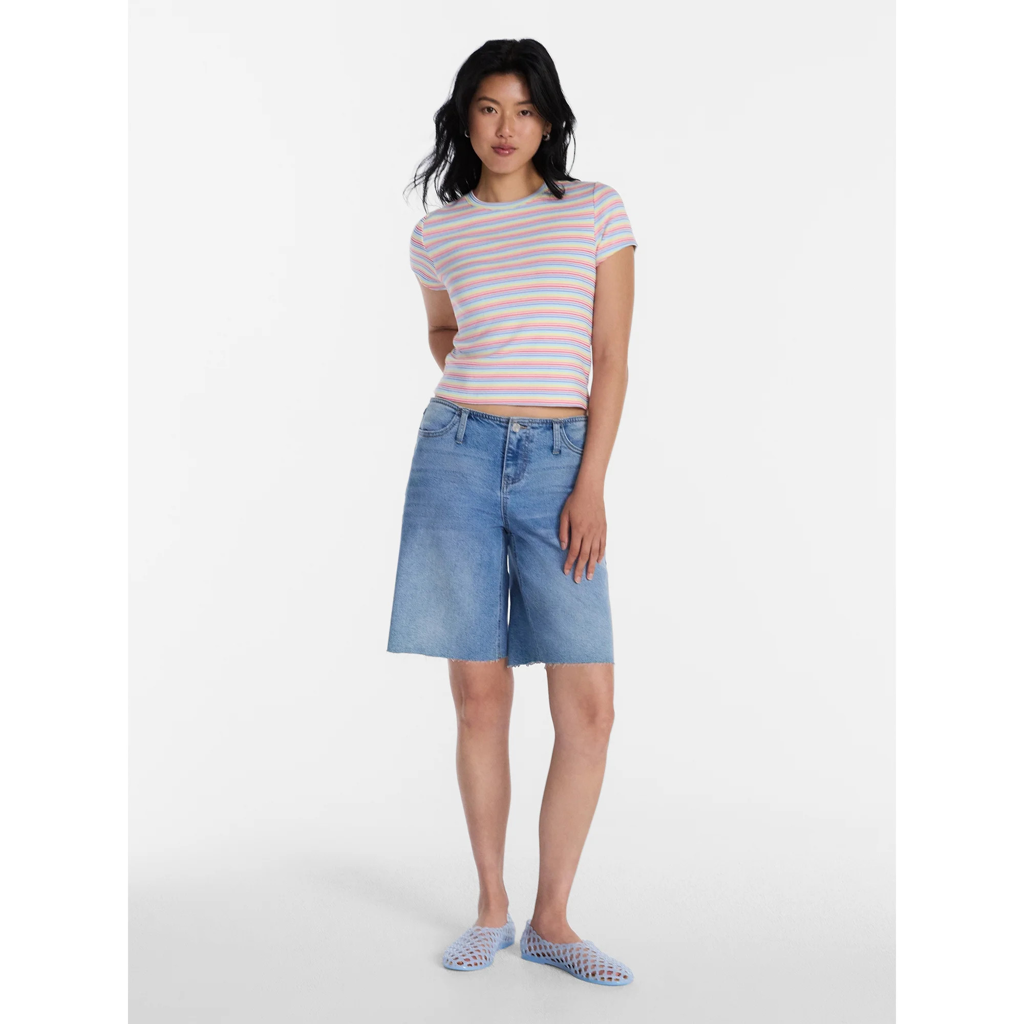 No Boundaries Ribbed Striped Cotton Baby Tee, Women's XXS-XXL | Walmart (US)