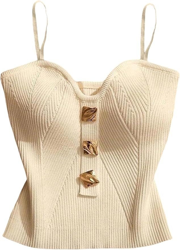 MakeMeChic Women's Sleeveless Tank Crop Tops Metal Decor Spaghetti Strap Knit Going Out Camisole | Amazon (US)
