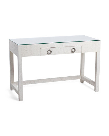 48x30 Woven Raffia Desk With Glass Table Top | TJ Maxx
