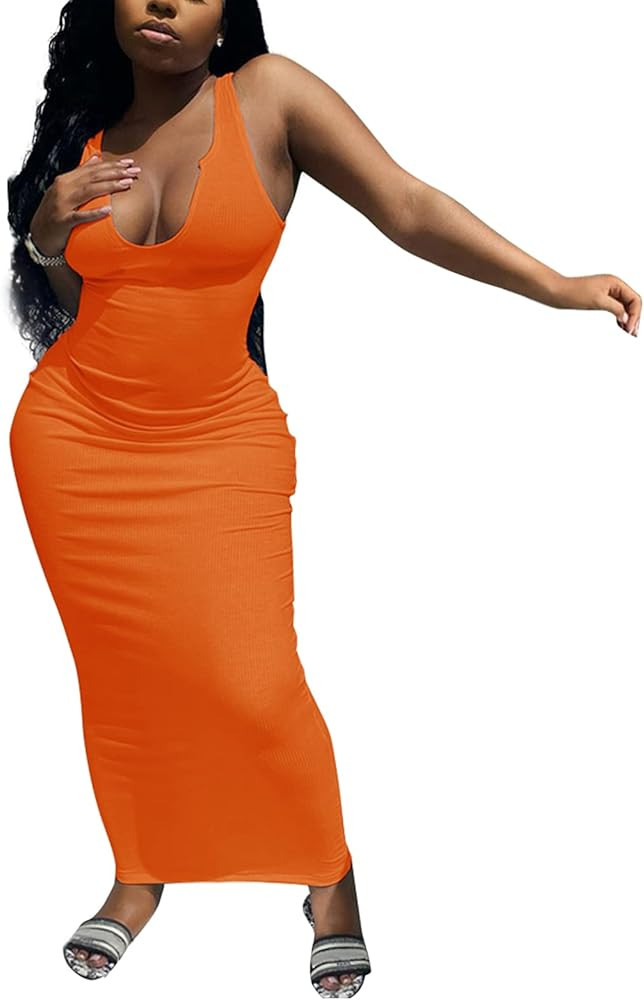 GEMEIQ Womens Sexy Sleeveless Deep U Neck Maxi Dress Bodycon Ribbed Knitted Tank Basic Long Dress | Amazon (US)