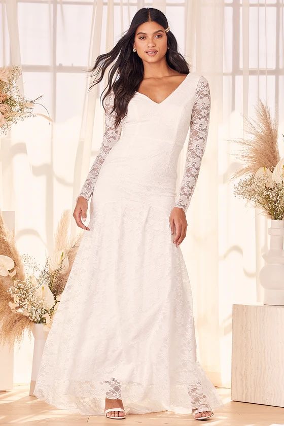 Make it Last Forever White Lace Long Sleeve Mermaid Maxi Dress | Lulus (US)