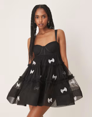 Lace & Beads tulle applique mini dress in black | ASOS (Global)