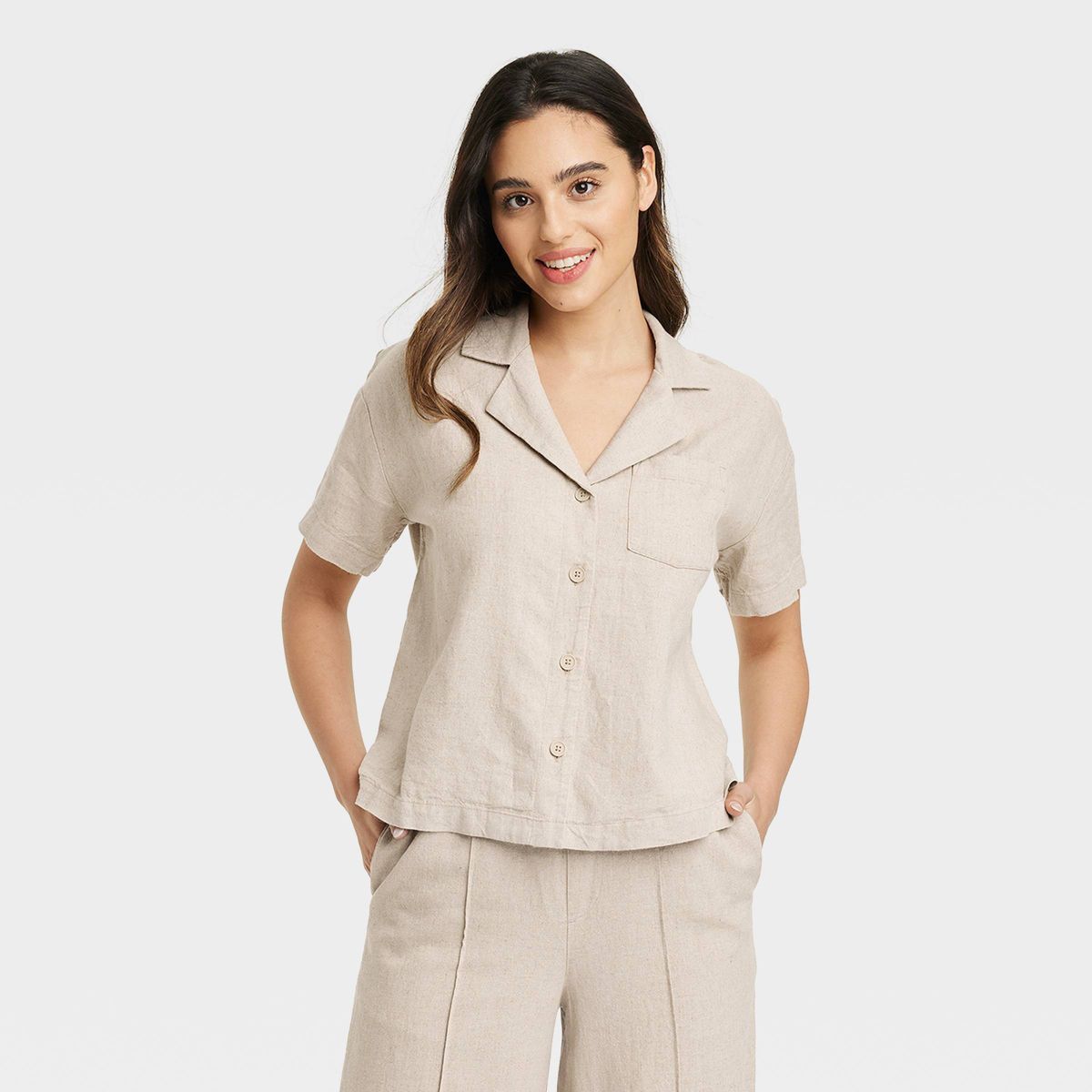 Women's Short Sleeve Button-Down Camp Shirt - A New Day™ Tan M | Target