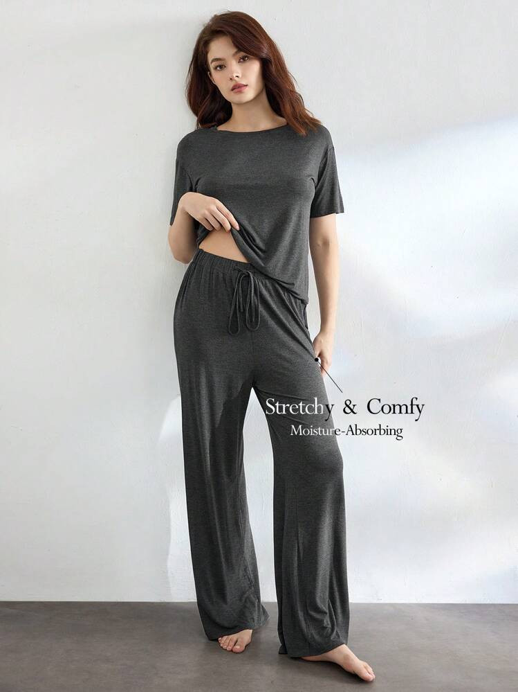 Ocili Leisure Women's Comfortable Silky Short Sleeve Top & Pants Pajama Set Holiday Season Outfit | SHEIN