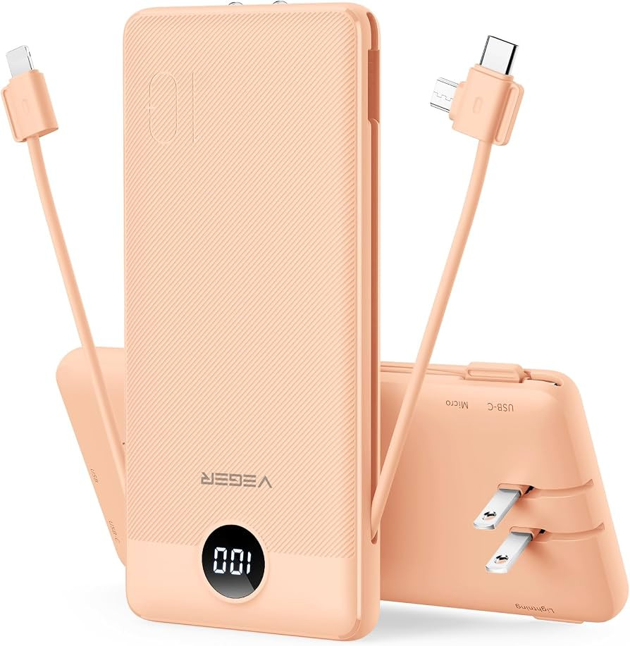 VEGER Portable Charger for iPhone Built in Cables Fast Charging USB C Slim 10000 Power Bank, Wall... | Amazon (US)