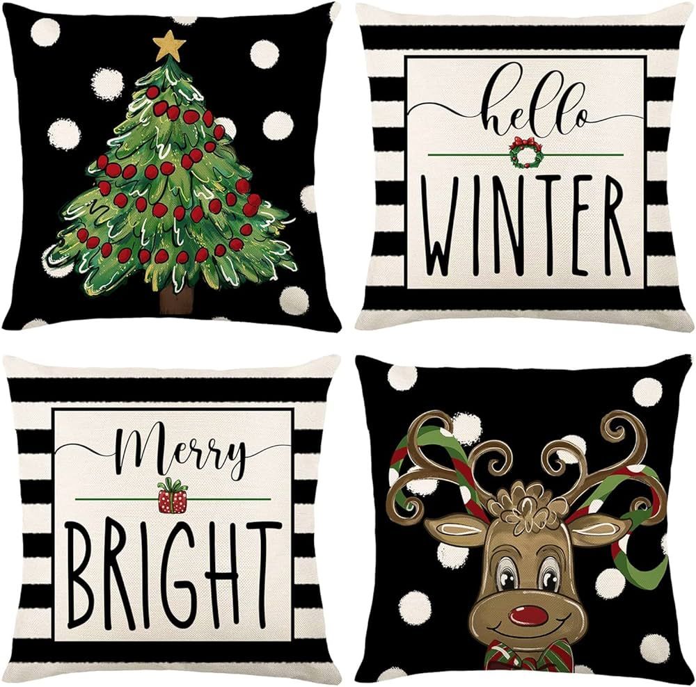 HOOLRO Christmas Pillow Covers 18x18, Christmas Throw Pillow Covers Set of 4, Xmas Outdoor Farmho... | Amazon (US)