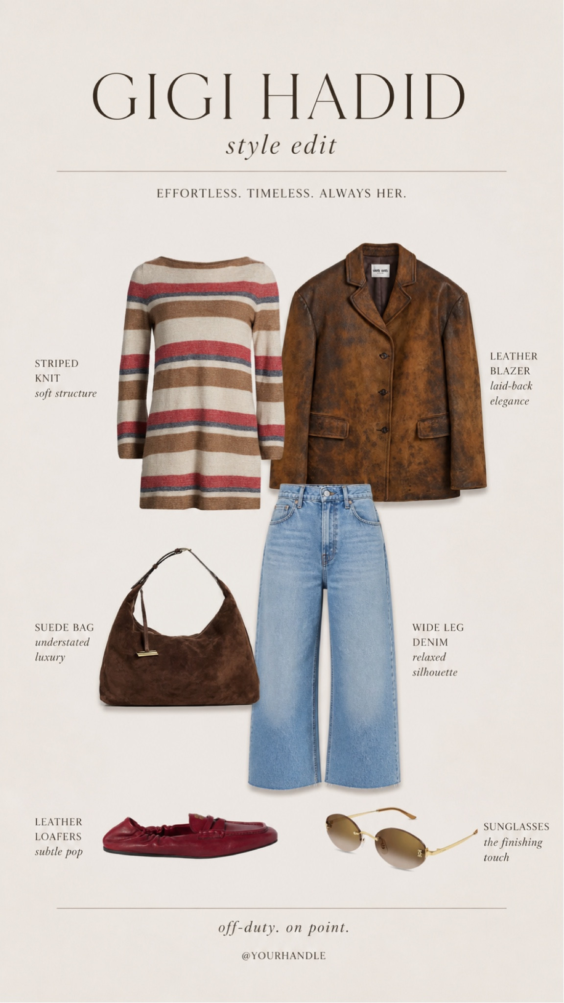 Gigi Hadid off duty style in the perfect quiet luxury mix striped knit, vintage inspired leather blazer, relaxed wide leg jeans, suede shoulder bag and a subtle pop of red loafers finished with minimal gold sunglasses effortless, wearable, and on repeat 
