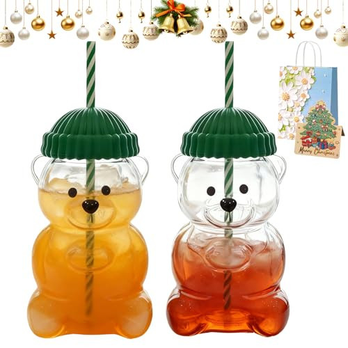 Green Glass Bear Cup, 2026 New 20oz Bear Glass Cup with Lid and Straw, Bears Shaped Tumbler for Coffee Drinks (2pcs) | Amazon (US)