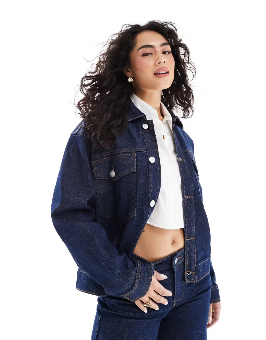 Pieces trucker jacket co-ord in dark blue denim | ASOS (Global)