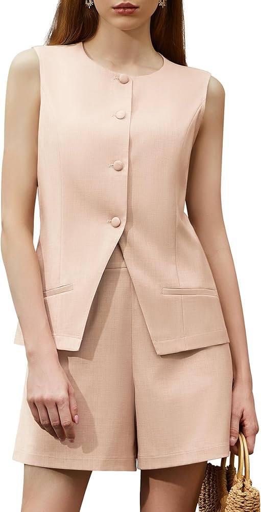 Women's Summer 2 Piece Outfits Sleeveless Round Neck Button Down High Waisted Pants 2024 Business... | Amazon (US)