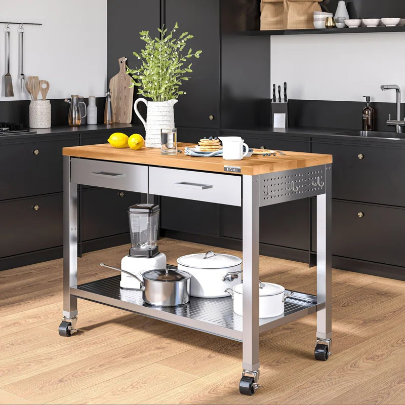48'' Wide Stainless Steel Kitchen Rolling Cart Island with Solid Wood Top | Wayfair North America
