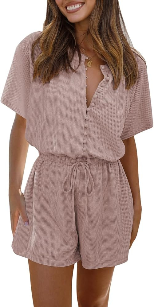 Fixmatti Short Sleeve Romper One Piece Button Up Jumpsuits for Women Summer Shorts Rompers | Amazon (US)