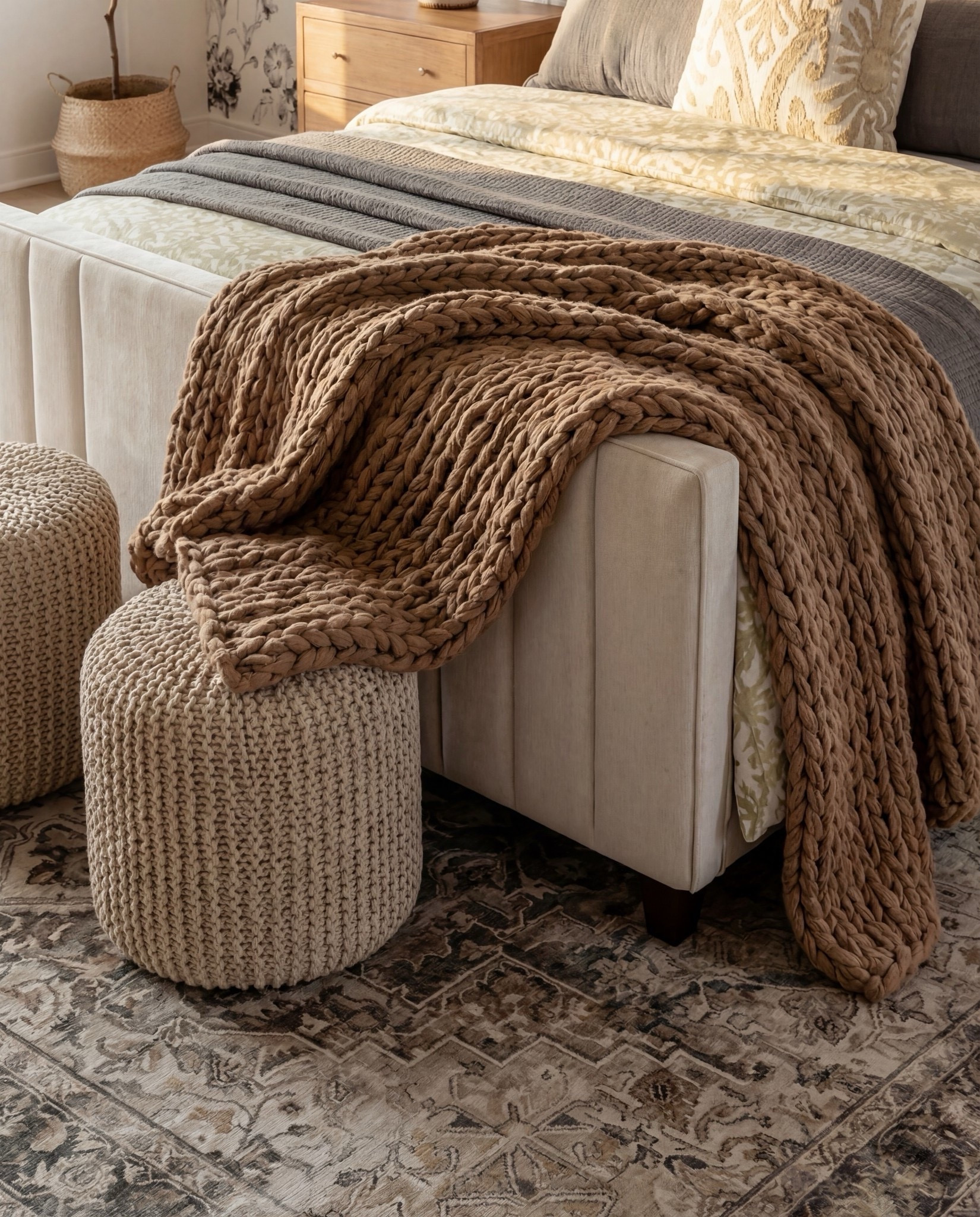 Items in this room:
• Upholstered channel-tufted bed — ivory/cream
• Chunky knit throw — warm chestnut brown
• Decorative pillows — muted sage, oatmeal, charcoal
• Light oak nightstands — natural finish
• Ceramic table lamps — soft cream
• Woven ottomans — natural jute
• Patterned area rug — taupe, sand, charcoal
• Accent chair — cream upholstery with warm wood frame
• Botanical wall art — black frames
• Floral wallpaper — charcoal sketch on ivory background

#LTKSpringSale #LTKSaleAlert #LTKHome