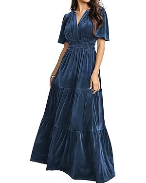 R.Vivimos Women's Fall Winter Vintage Velvet Dress Short Sleeve V Neck Elastic Waist Tiered Ruffl... | Amazon (US)